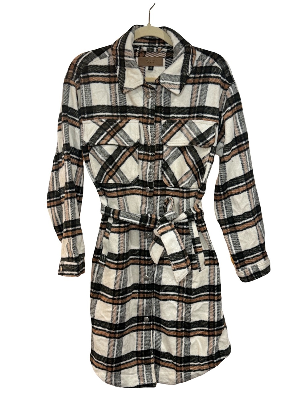 Blank NYC Cream, Black & Brown Plaid Button-Front Shacket with Belt